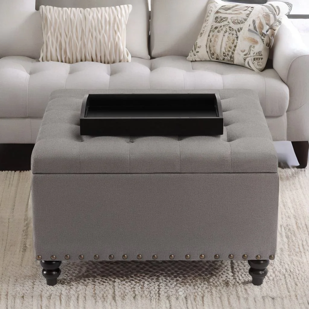 HUIMO 30" Large Square Coffee Table Lift Top Storage Ottoman Bench in Upholstered Tufted Toy Box, For the Living Room, Bedroom (Grey-tray)