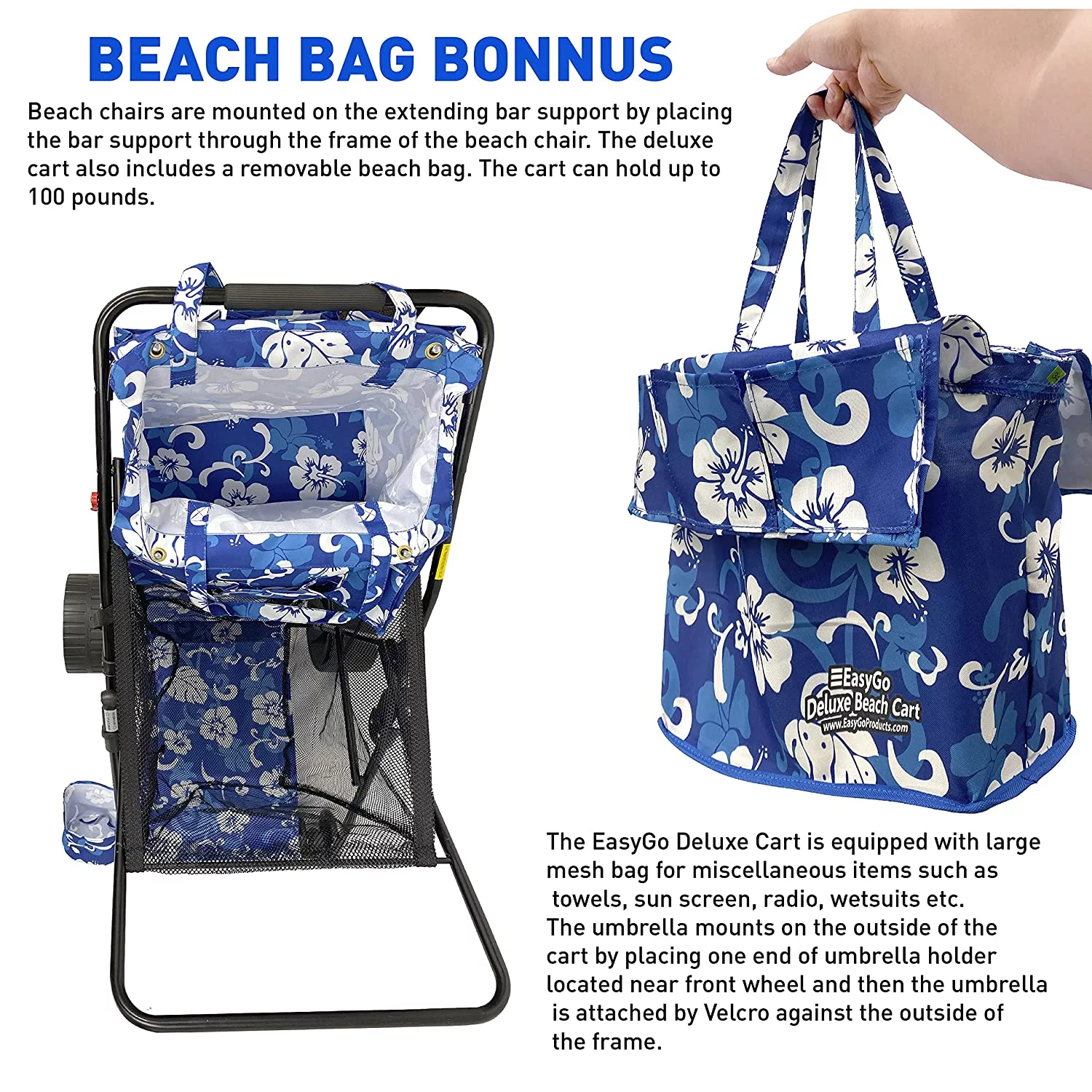 Beach Umbrella Wagon Cart Deluxe  Heavy Duty Folding Ocean Utility Cart  Large Sand Wheels  Holds 4 Beach Chairs  Storage Pouch
