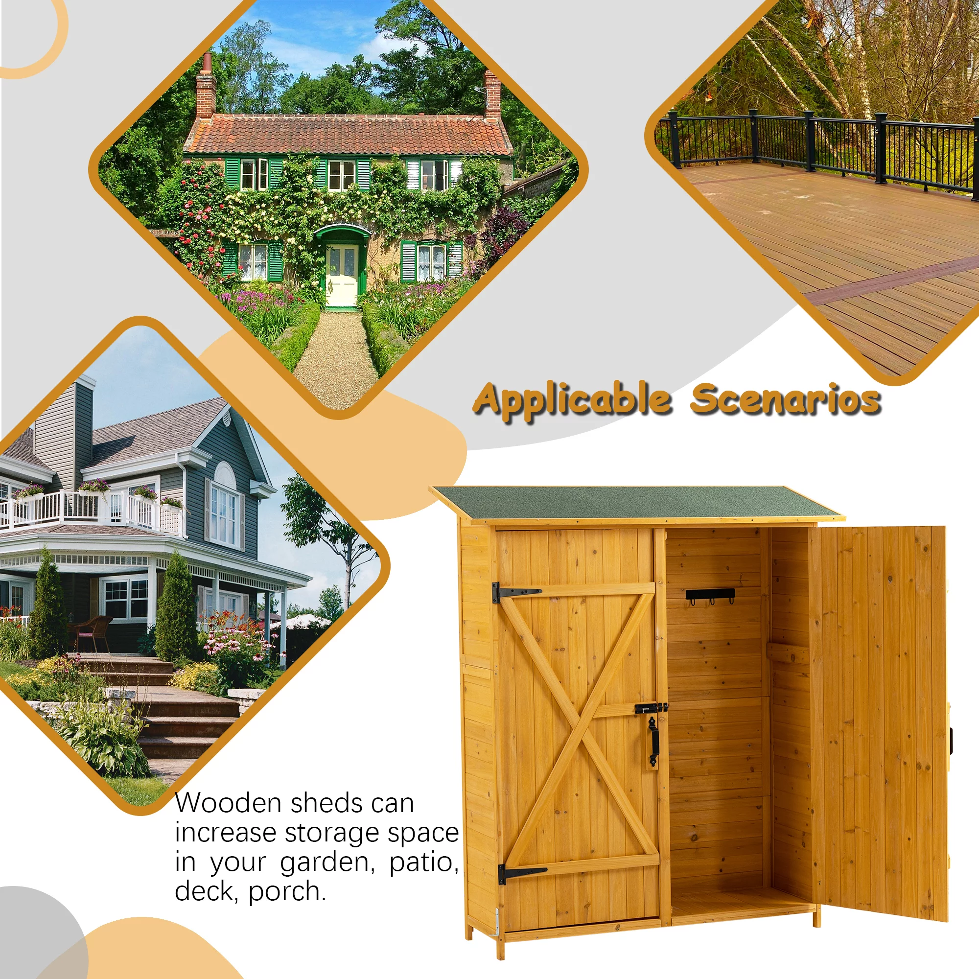 CASEMIOL Patio Storage Shed with Detachable Shelves and Hooks, Outdoor Wood Shed with Waterproof Pitch Roof, Backyard Shed with Lockable Door