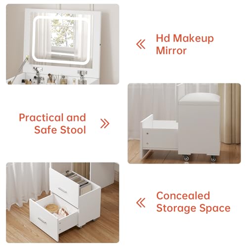 Compact Vanity with 3 Drawers, 3 in 1 Vanity Desk, Makeup Desk with Flip-up 3 Colors Lighting Mirror and Cushioned Stool