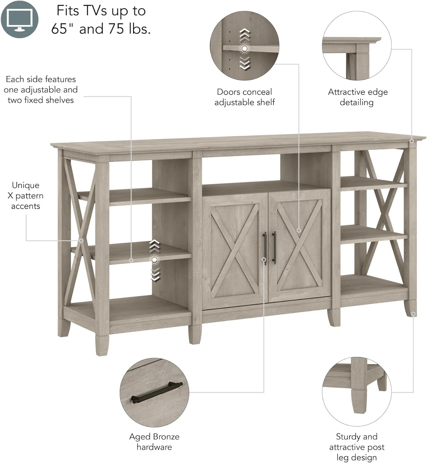 Key West Tall Stand for 65 Inch TV, Farmhouse Entertainment Center with Storage, Washed Gray
