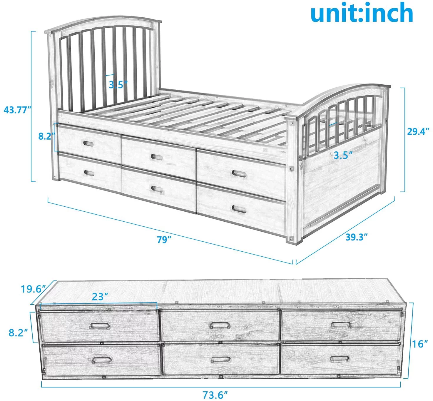 SOGES Twin Size Wood Platform Bed Captain Storage Bed with 6 Drawers Kids Bedroom Oak