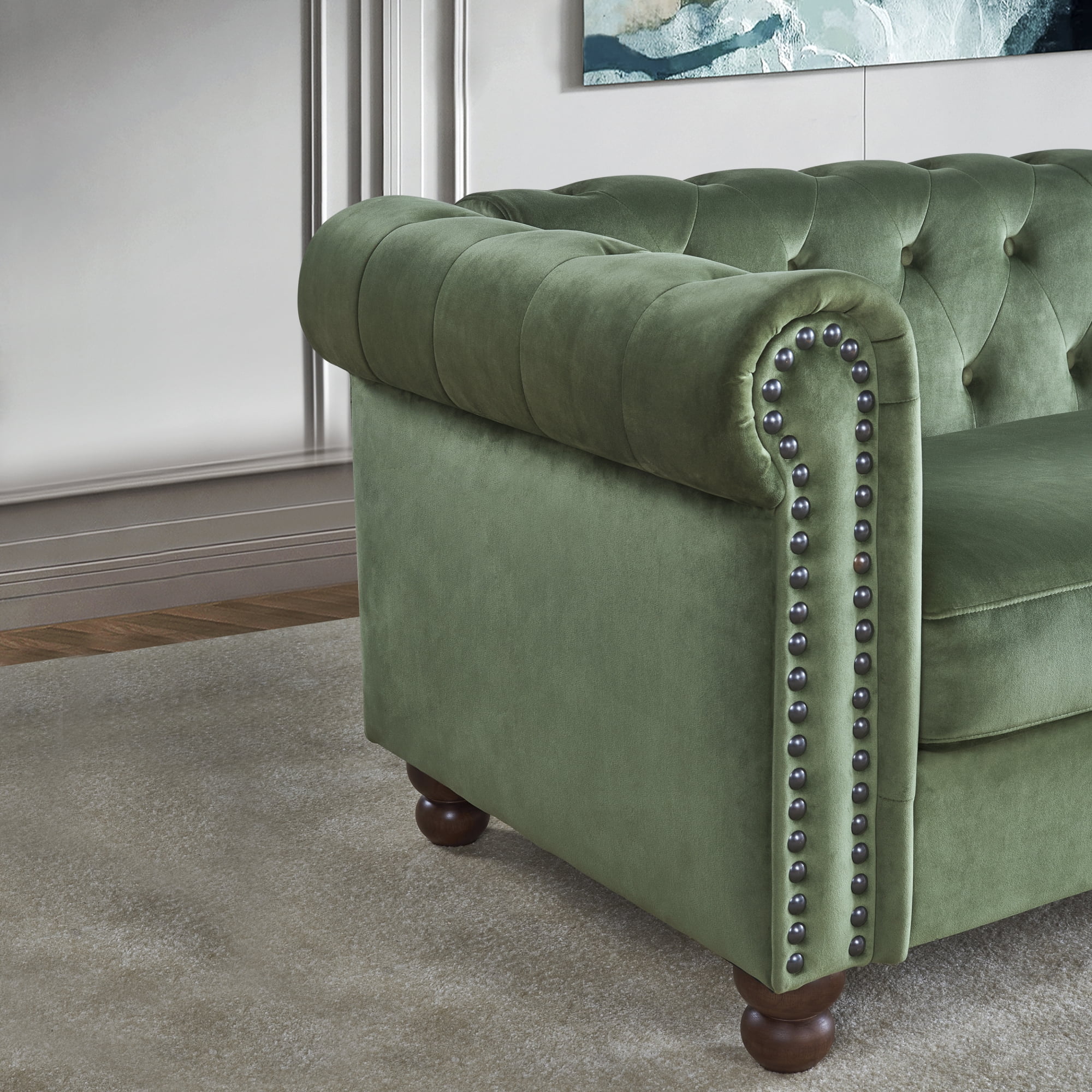 Classic Traditional Living Room Upholstered Sofa with high-tech Fabric Surface/ Chesterfield Tufted Fabric Sofa Couch, Large-Green
