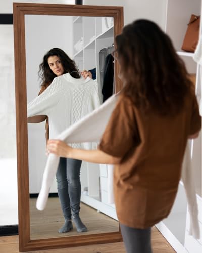 Full Length Mirror, 71"×32" Wooden Mirror Full Length with Stand Wood Floor Mirror, Oversized Stand Up Mirrors Large Wall Mirrors