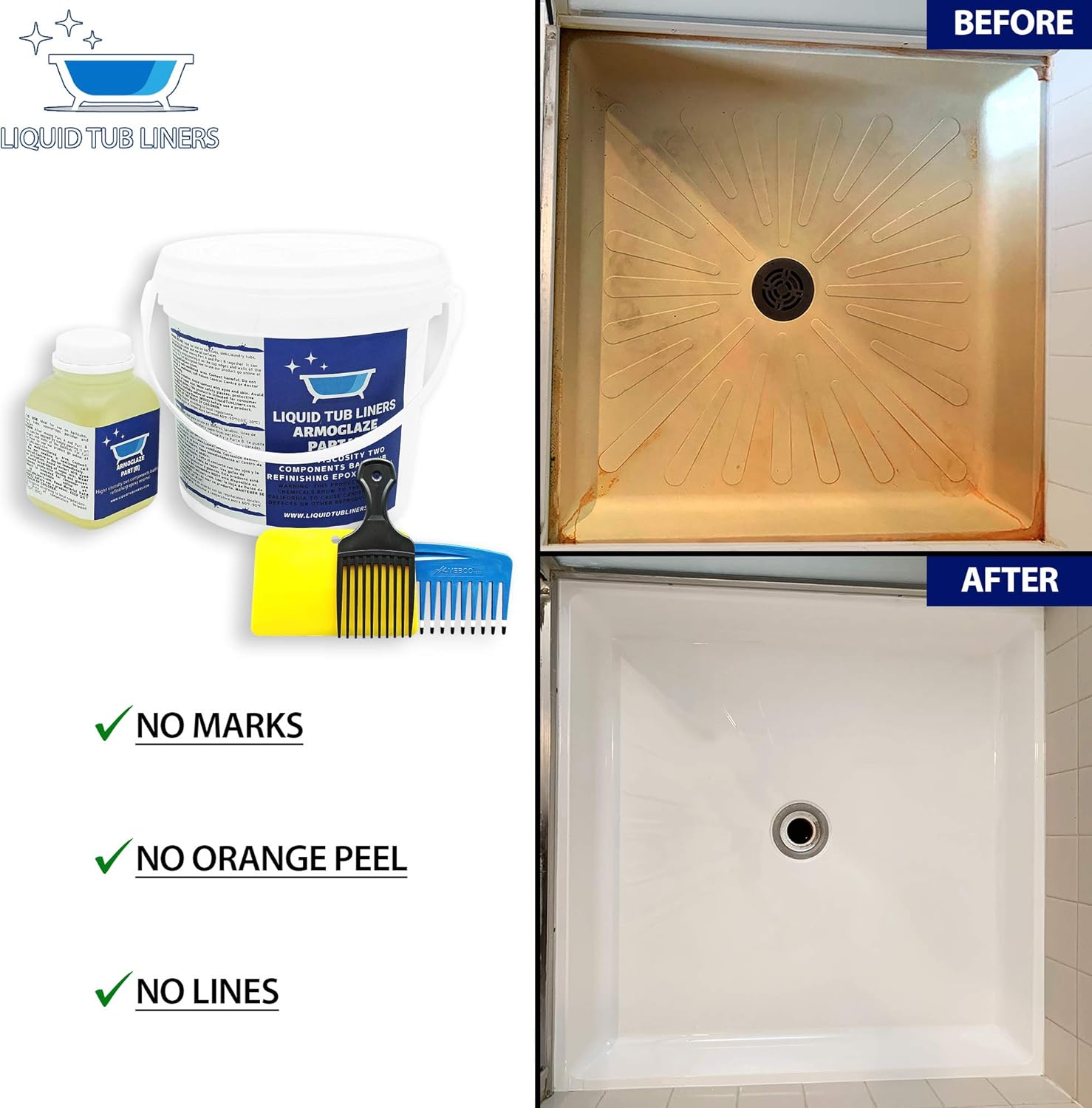 Armoglaze Shower Base Refinishing Kit, Easy Pour-on Application, Odorless, White Coating - 2 kg, Made In USA. (For Large Shower Base Size 6x3).