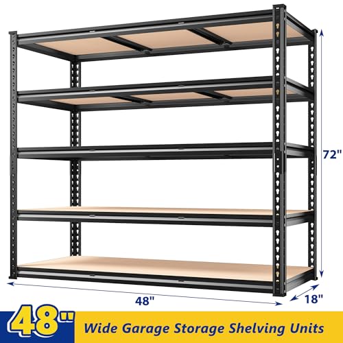 REIBII 48" W Garage Shelving Heavy Duty 3020LBS Storage Shelves 5 Tier Heavy Duty Shelving Adjustable Garage Shelves for Basement, Warehouse