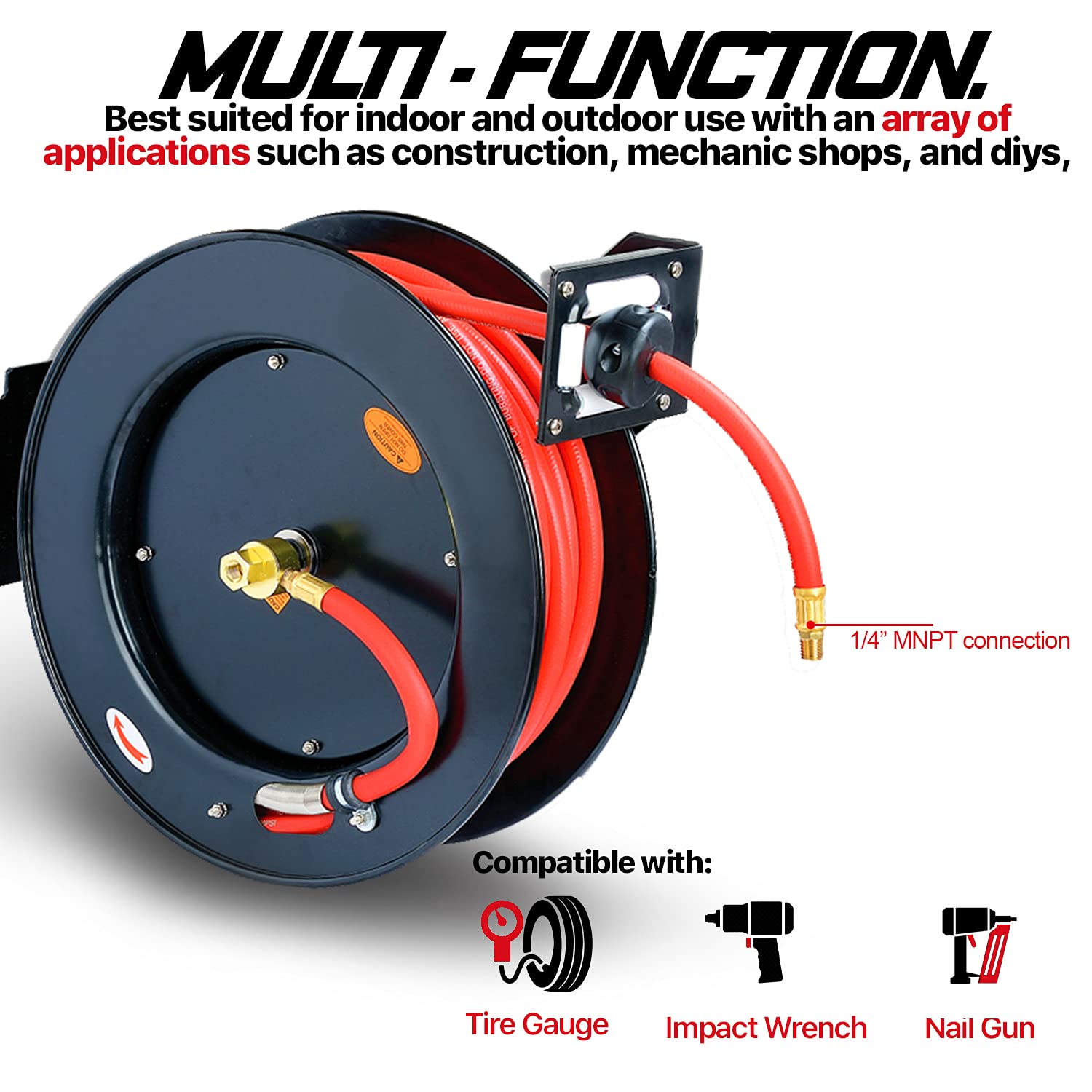 ReelWorks Air Hose Reel 3/8" Inch x 50' Foot Heavy Duty Industrial Max 300PSI Flex Hybrid Polymer Hose