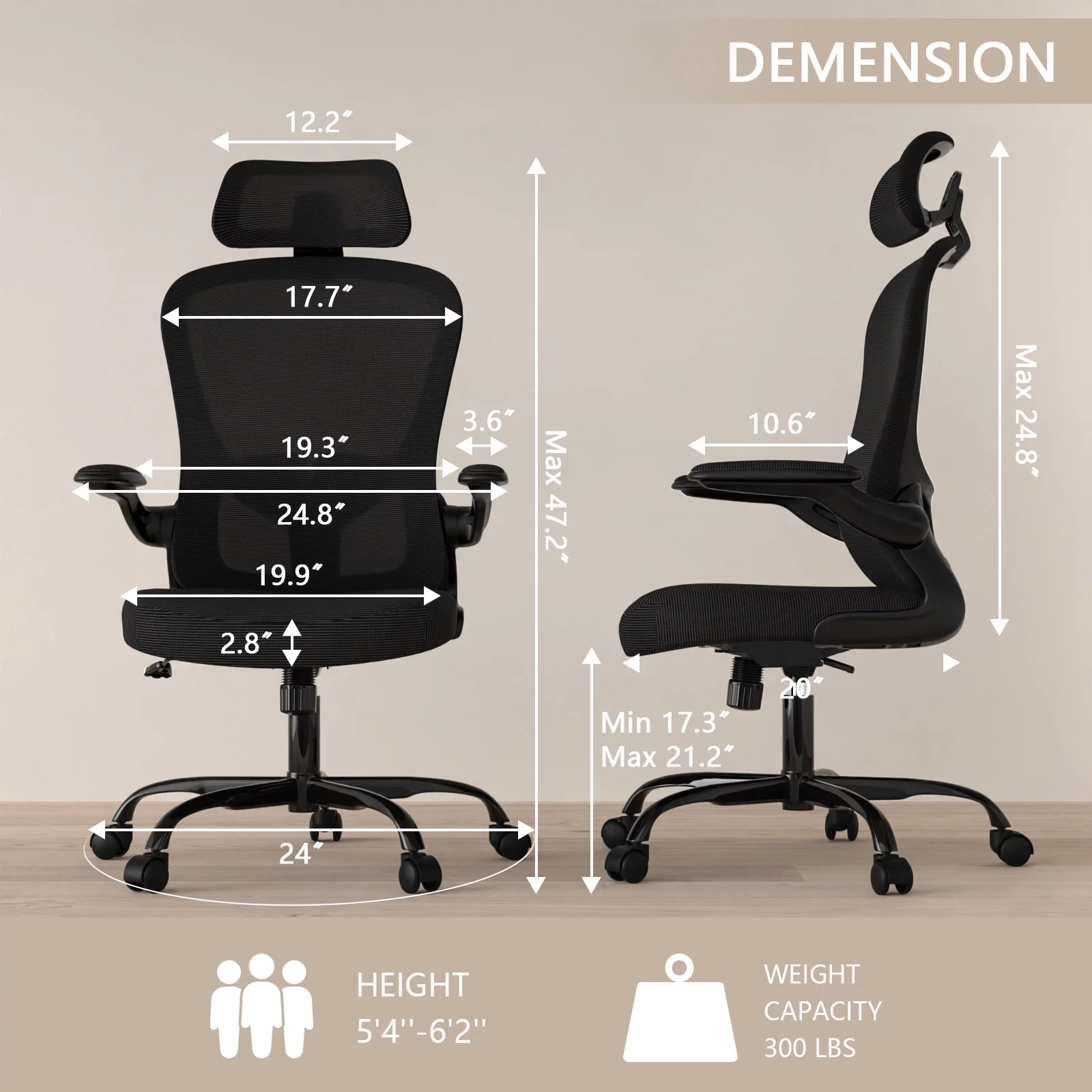 Lioncin Office Chair, High Back Ergonomic Desk Chair, Swivel Task Chair with Flip-up Armrests, Executive Chair for Home Office,Black