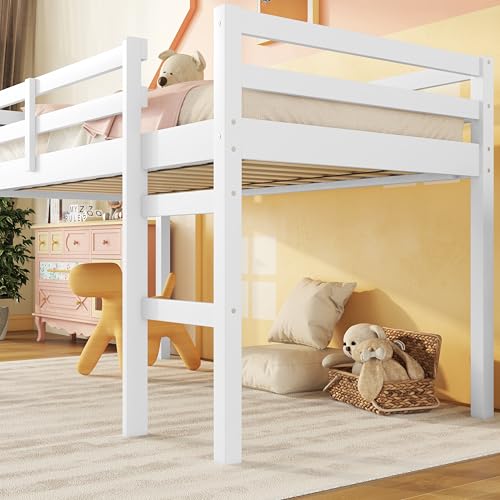 Low Loft Bed Twin Size, Kids Solid Wood Modern Loft Bed Frame with Ladder and Safety Guardrail for Girls Boys, Noise-Free,Non-Toxic Finishes