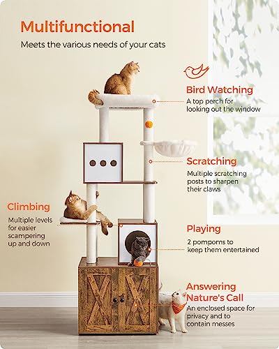 Feandrea Cat Tree with Litter Box Enclosure, 2-in-1 Modern Cat Tower, 70.8-Inch Tall Cat Condo with Scratching Posts, Perch, Caves, Basket