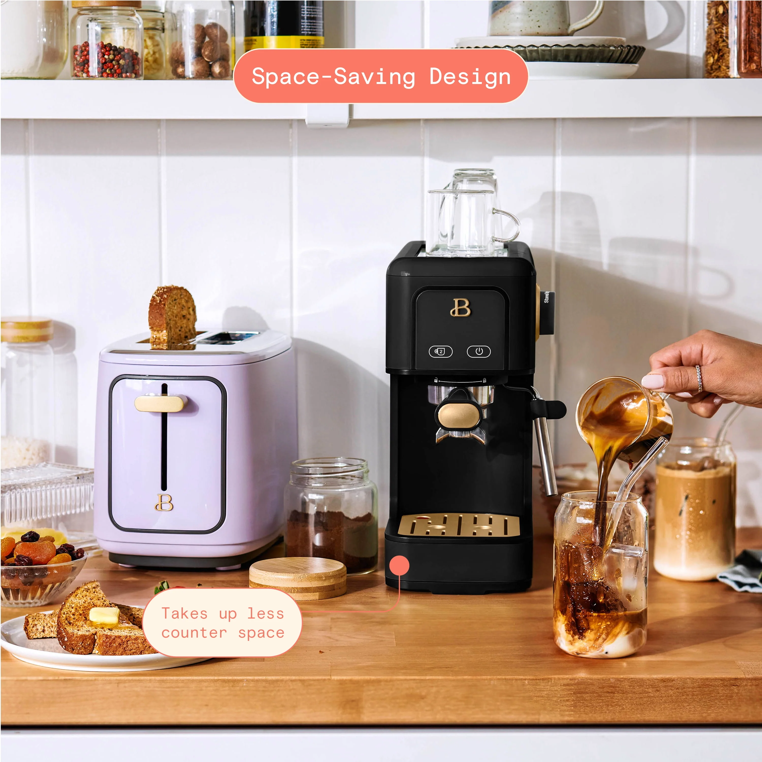 Beautiful Slim Espresso Maker with 20-Bar Pressure, White Icing by Drew Barrymore