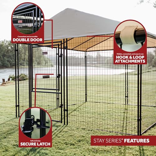 Stay Series 4 by 4 by 4.3 Feet Studio Jr. Black Powder Coat Steel Frame Outdoor Dog Kennel with Waterproof Canopy Roof and Gate Door, Khaki