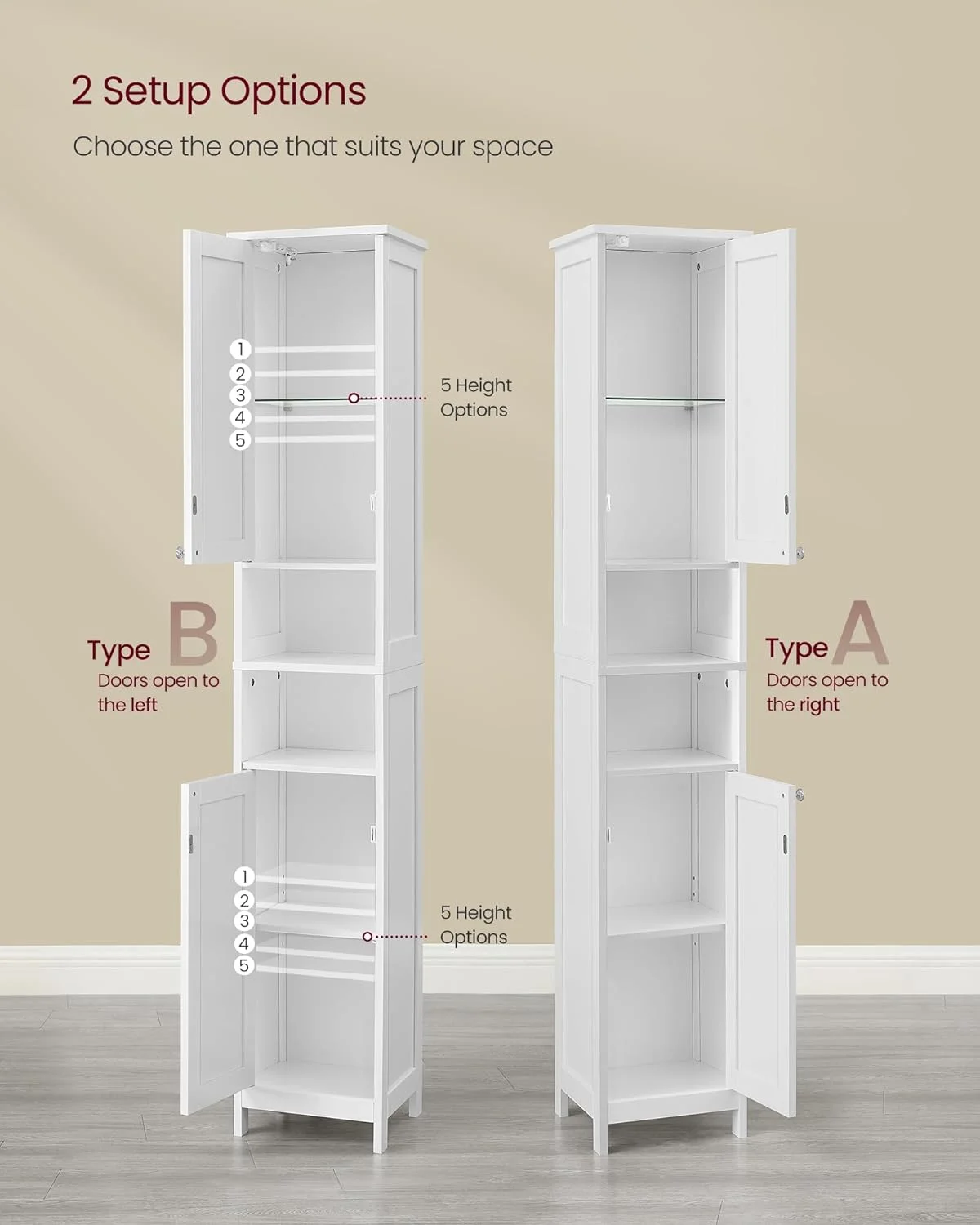 QCAI Tall Bathroom Cabinet with Lights, Slim Bathroom Storage Cabinet, Freestanding Narrow Cabinet with Adjustable Shelves, Open compartments
