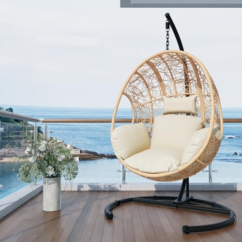 Oversized Hanging Egg Chair Outdoor Indoor, Wicker Swing Egg Chair with Stand 400lbs Capacity for Bedroom, Patio, Garden and Balcony (Beige-nest