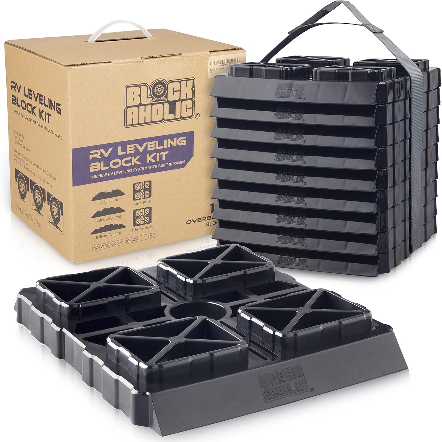 Blockaholic RV Leveling Blocks - 10 Pack of Leveling Blocks with Built-in Ramps and Carrying Strap