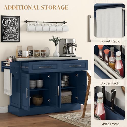 HOMCOM Rolling Kitchen Island Cart with Wheels, Portable Island Table for Kitchen with Stainless Steel Top, Adjustable Shelves, 2 Drawers, Spice