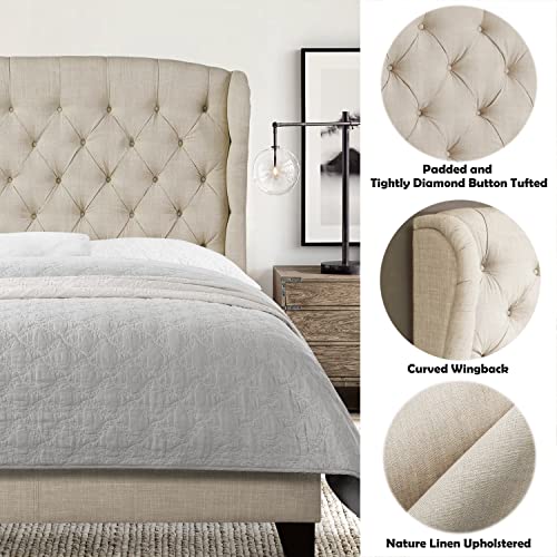 Rosevera Marcelle Bed Frame,Wingback Bed Frame with Signature Design Adjustable Headboard,Upholstered with Button Tufting Bed for Bedroom