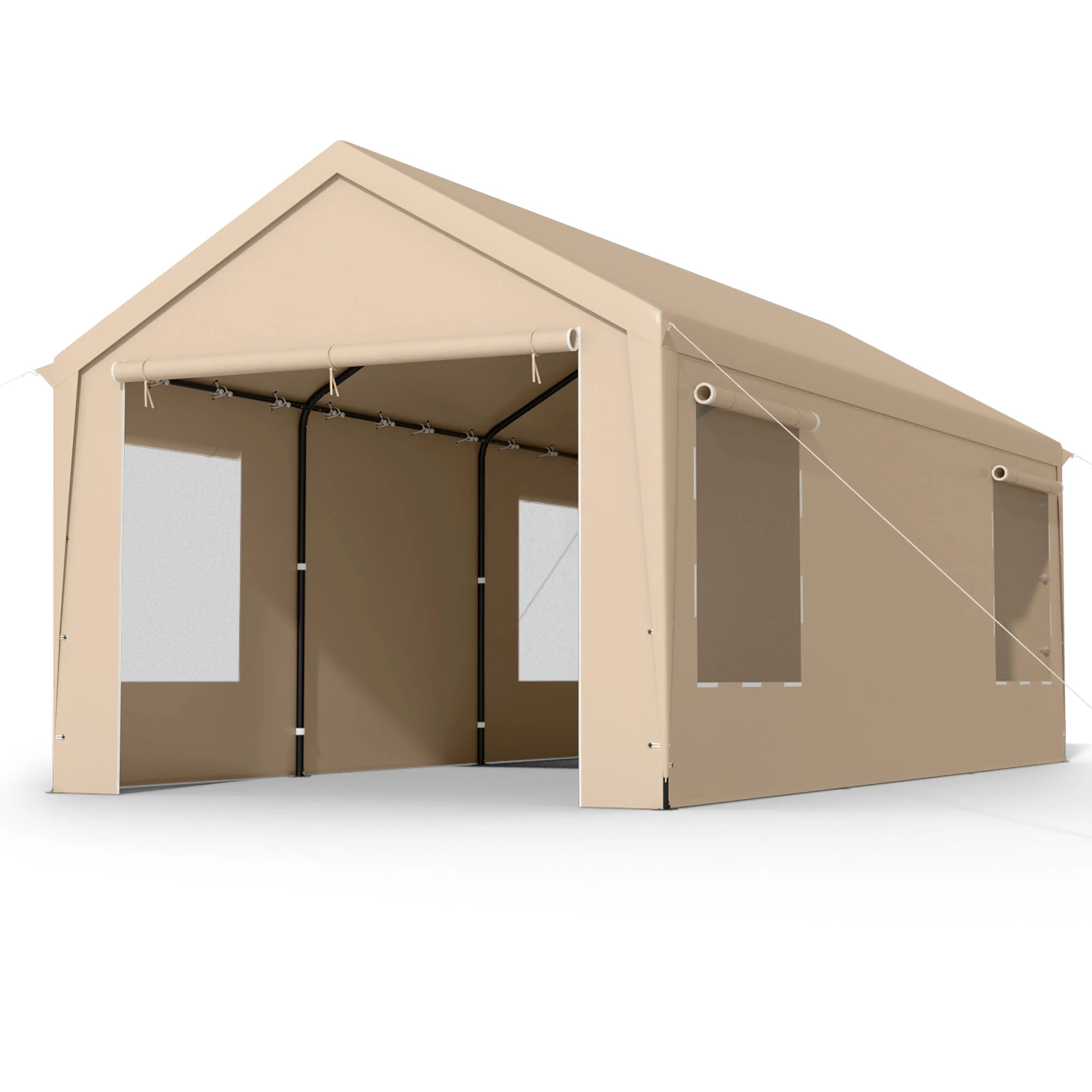 SERWALL 12 x 20 ft Heavy Duty Steel Car Carport Canopy Tents with Window for Outside Party, Beige