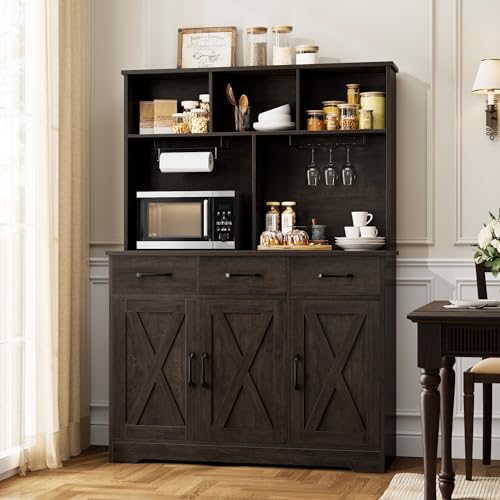 HOSTACK Buffet Cabinet with Hutch, Modern Farmhouse Kitchen Buffet Sideboard Storage Cabinet with 3 Drawers, Barn Door Coffee Bar Station