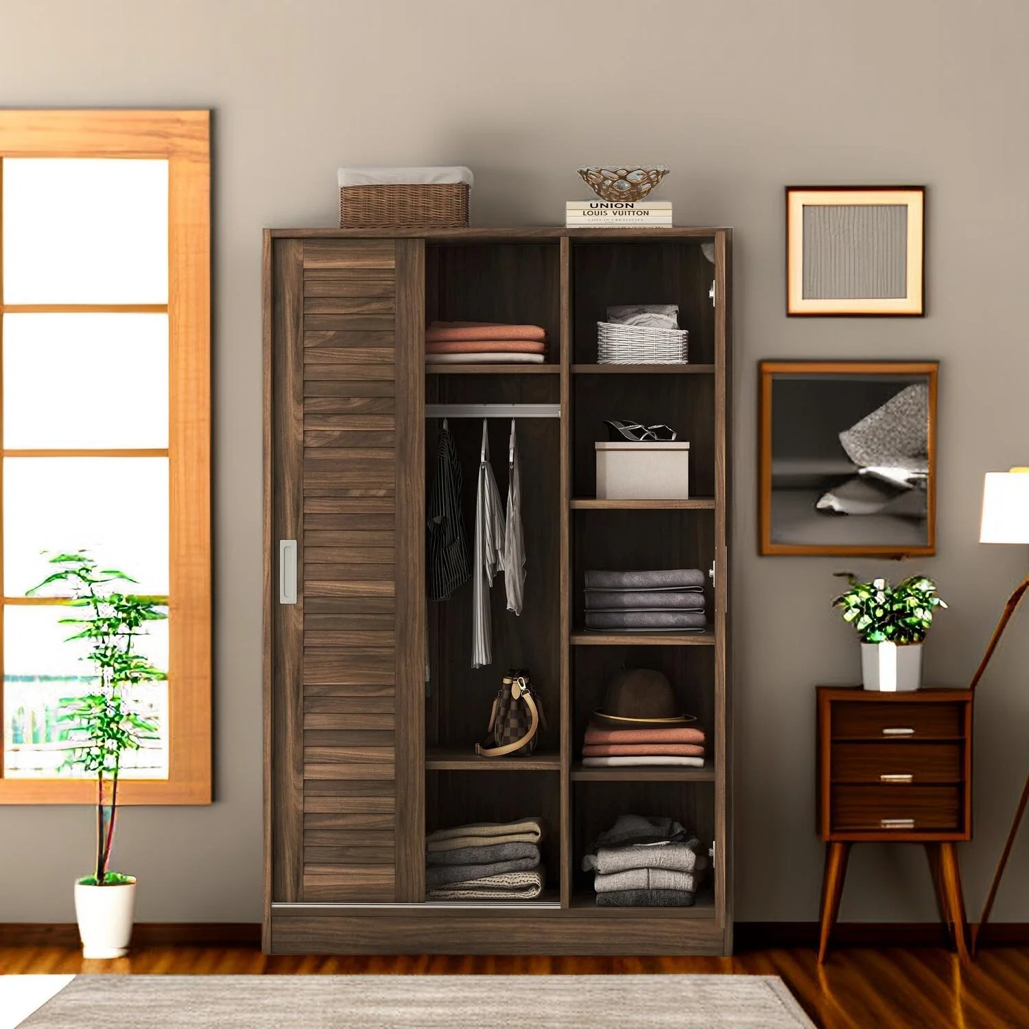 Shutter Wardrobe Mid-century 3-Door with shelves For Bedroom - Radiant Selections