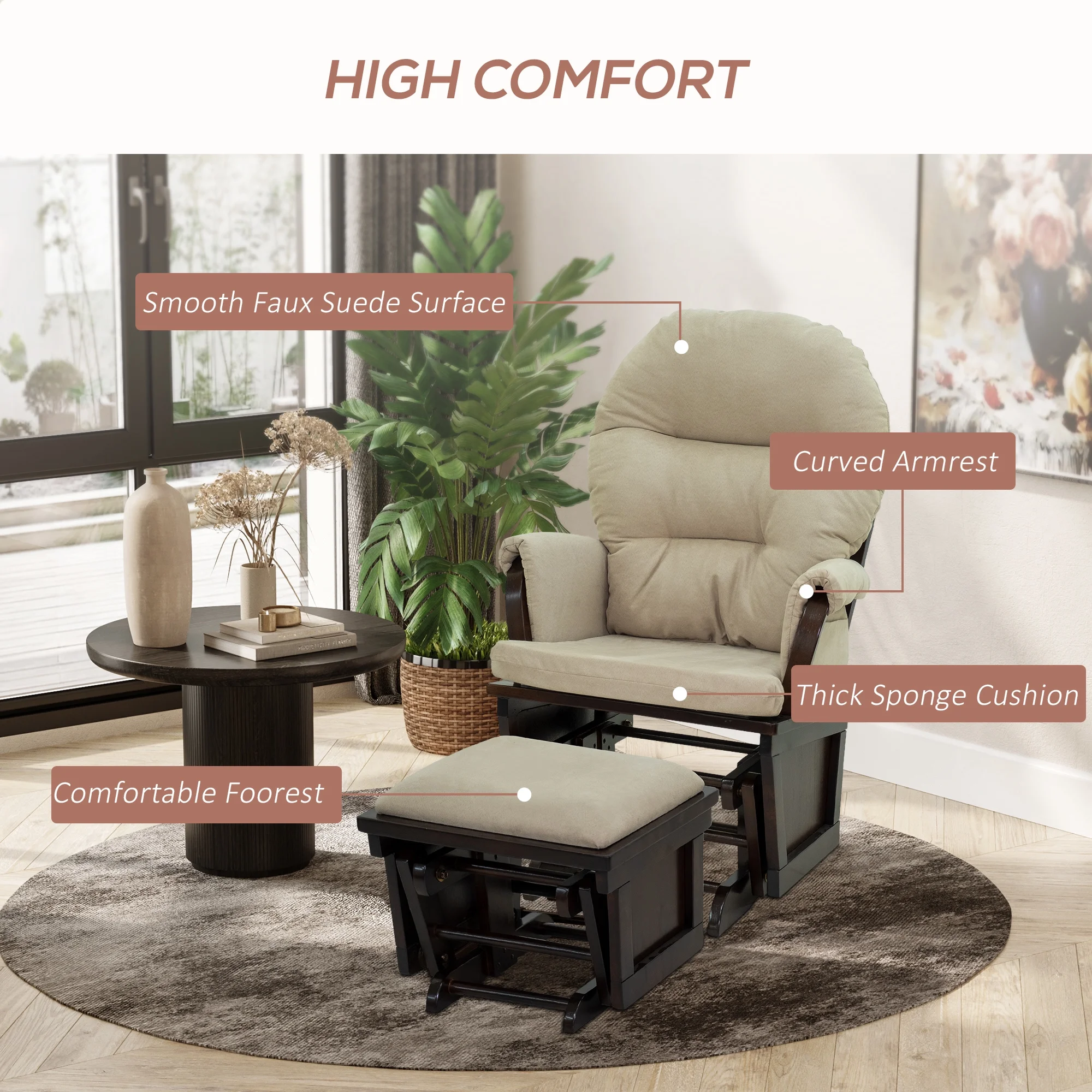 CoSoTower Nursery Glider Rocking Chair with Ottoman, Thick Padded Cushion Seating and Wood Base, Cream White