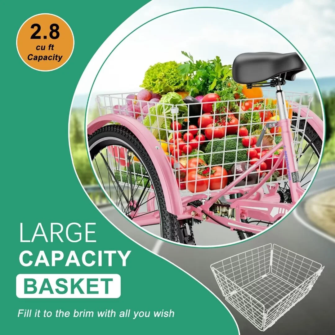 Docred Adult Tricycle 7 Speed 24 Inch Three Wheel Bike Cruiser Trike for Men/Women/Seniors