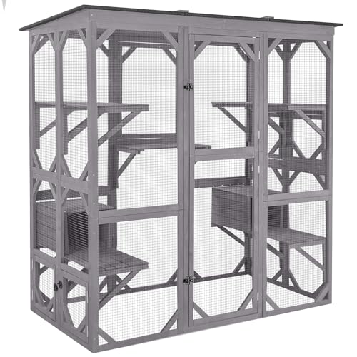 Aivituvin Cat House Outdoor Catio Kitty Enclosure with Super Large Enter Door,Wooden Cat Cage Condo Indoor Playpen with Platforms,Small House,70 Inch