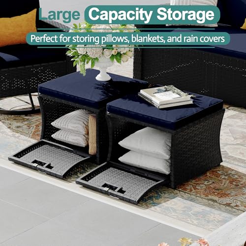 6 Piece Patio Furniture Set, Wicker Patio Conversation Sets with Swivel & Recline Chairs, Outdoor Sectional Sofa Sets with 2 Storage Ottoman