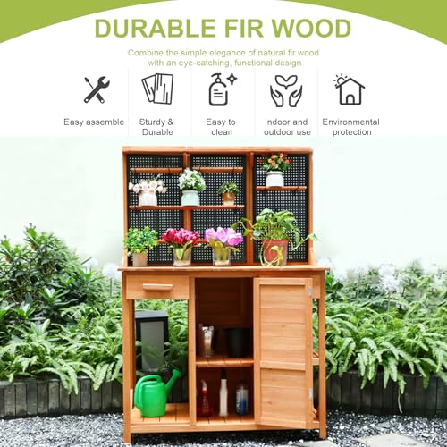 Outdoor Garden Potting Bench, Horticultural Wooden Workstation Table with Storage Drawer, Cabinet, Metal Pegboard