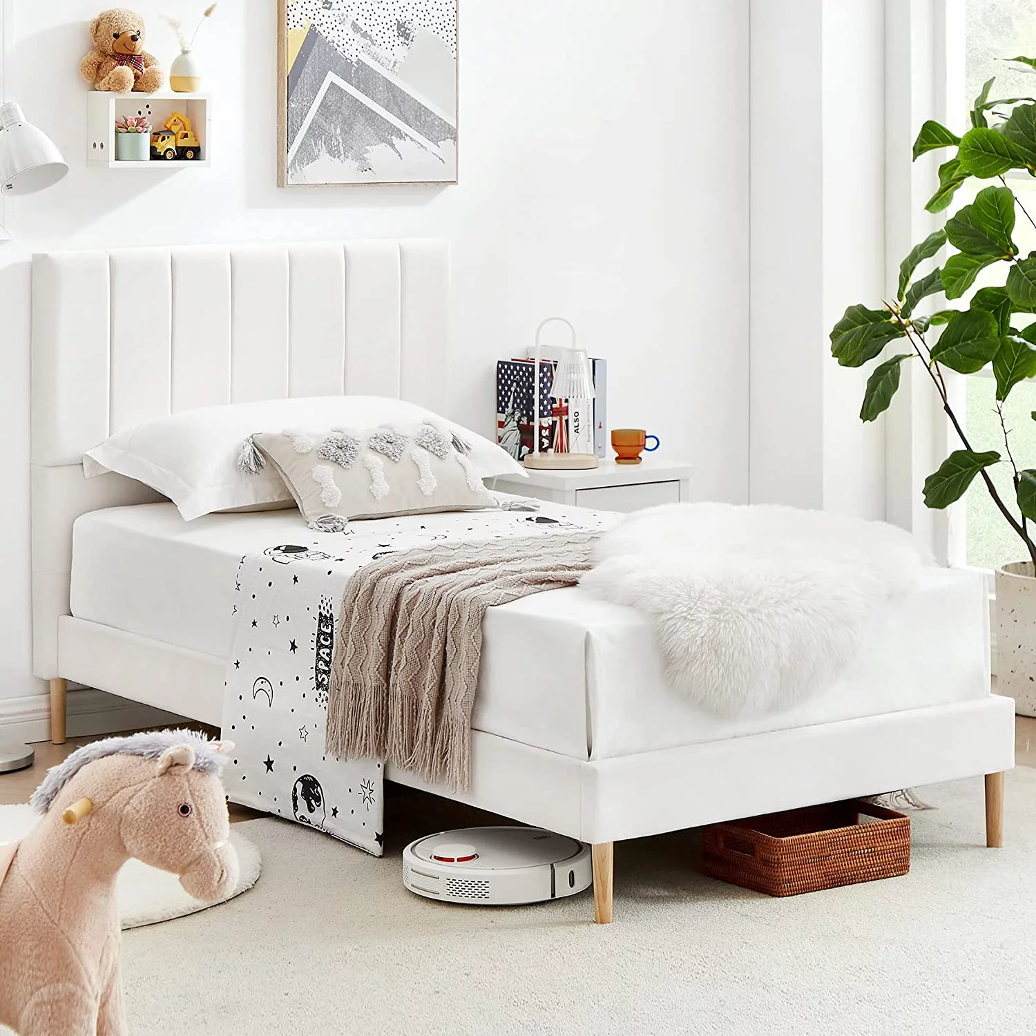 Flolinda Twin Size Bed Frame with Velvet Upholstered Vertical Channel Tufted Whole Headboard, No Box Spring Needed/Easy Assembly, Off White
