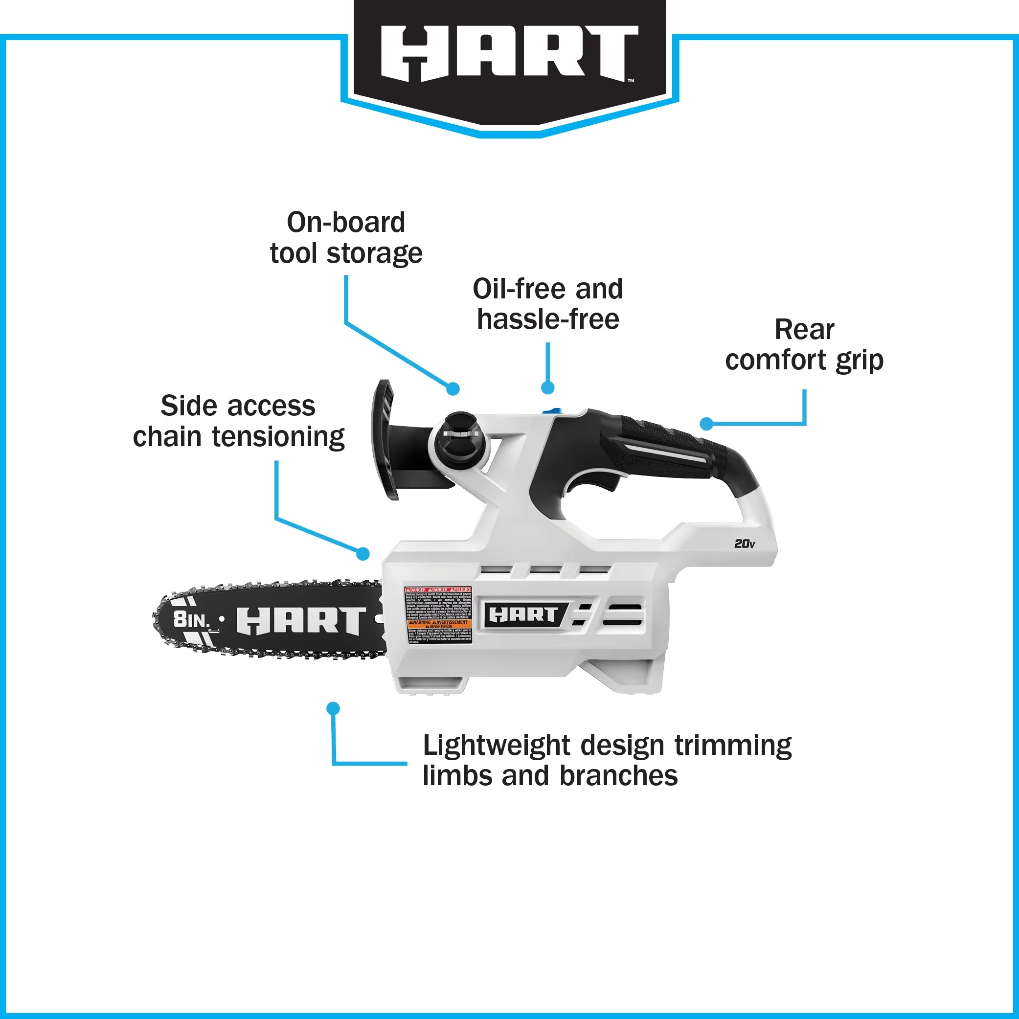 HART 20-Volt 8-inch Battery-Powered Pruning Chainsaw Kit, (1) 2.0Ah Lithium-Ion Battery