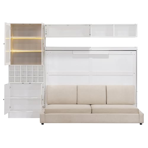 MERITLINE Queen Murphy Bed with Couch and Storage Shelves,Charging Station& LED Light