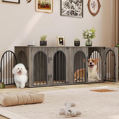 71" Dog Crate Furniture for 2 Dogs, Heavy Duty Indoor Dog Kennel TV Stand, XXL Wooden Dog Cage with Divider for Medium Large Dogs