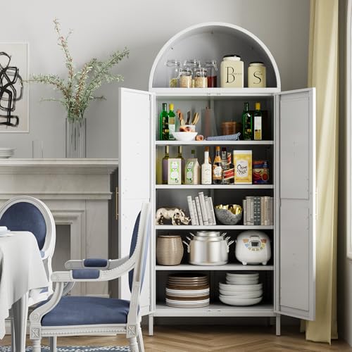 Tall Kitchen Pantry Cabinet, Metal Display Storage Cabinets with 4 Doors/2 Drawers for Kitchen Home Office Living Room, Assembly Required