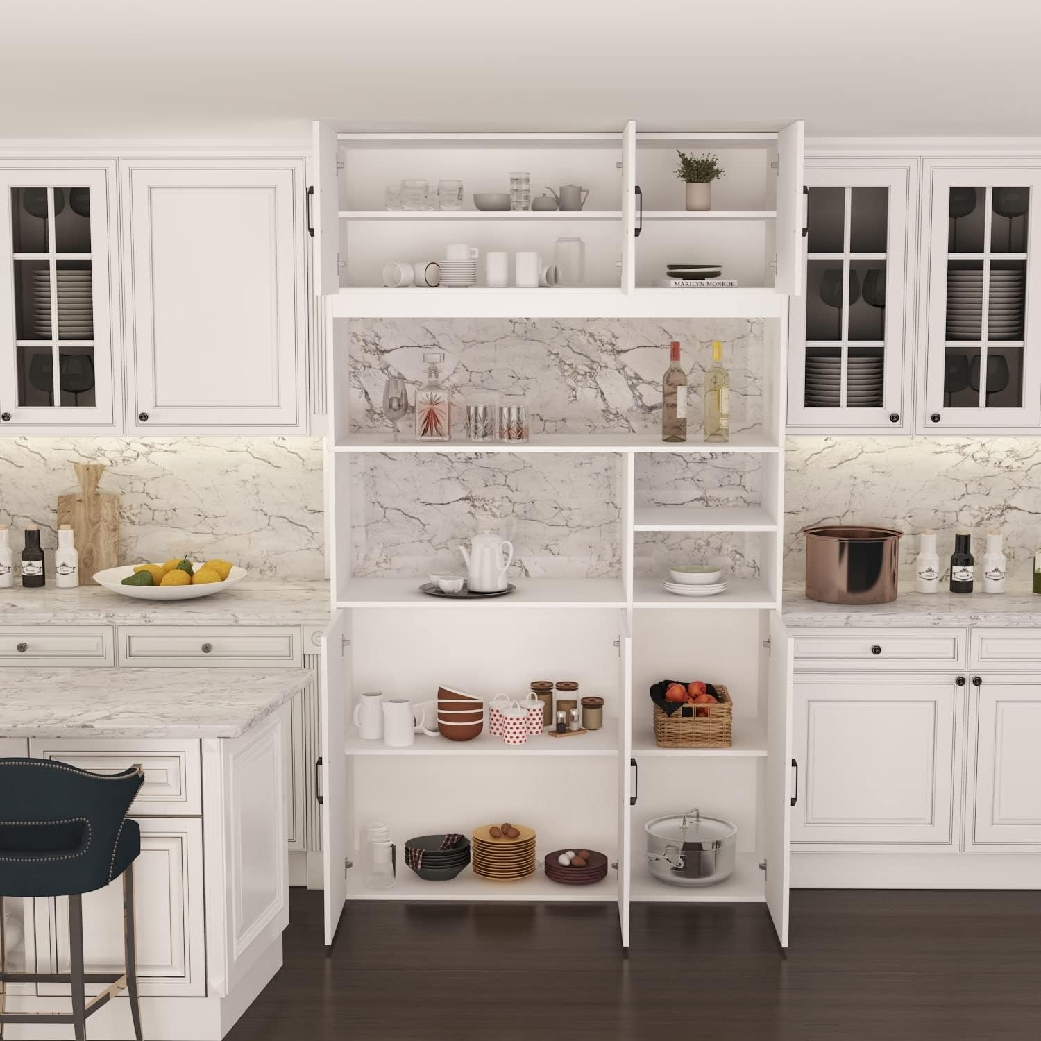 78" Kitchen Pantry Storage Cabinets with Hutch Buffet White Wood