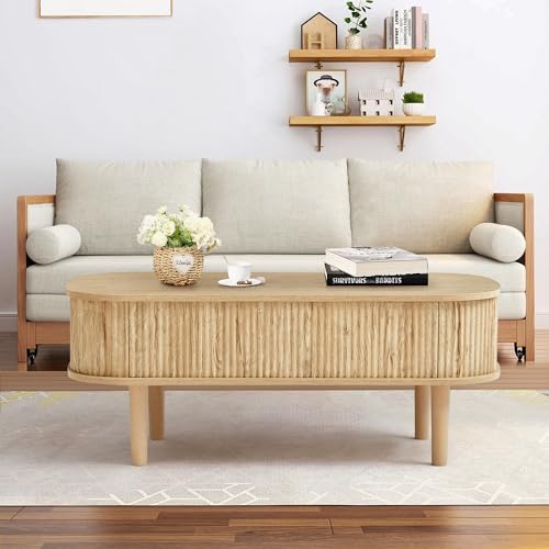 Fluted Lift Top Coffee Table with Hidden Compartment, Fully Assembled Wooden Center Table, Modern Oval Lift Tabletop for Home Living Room Office