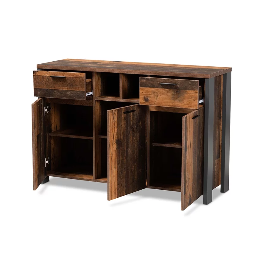 Baxton Studio Ranger Mid-Century Modern Rustic Brown Finished Wood and Grey Metal 2-Door Sideboard Buffet