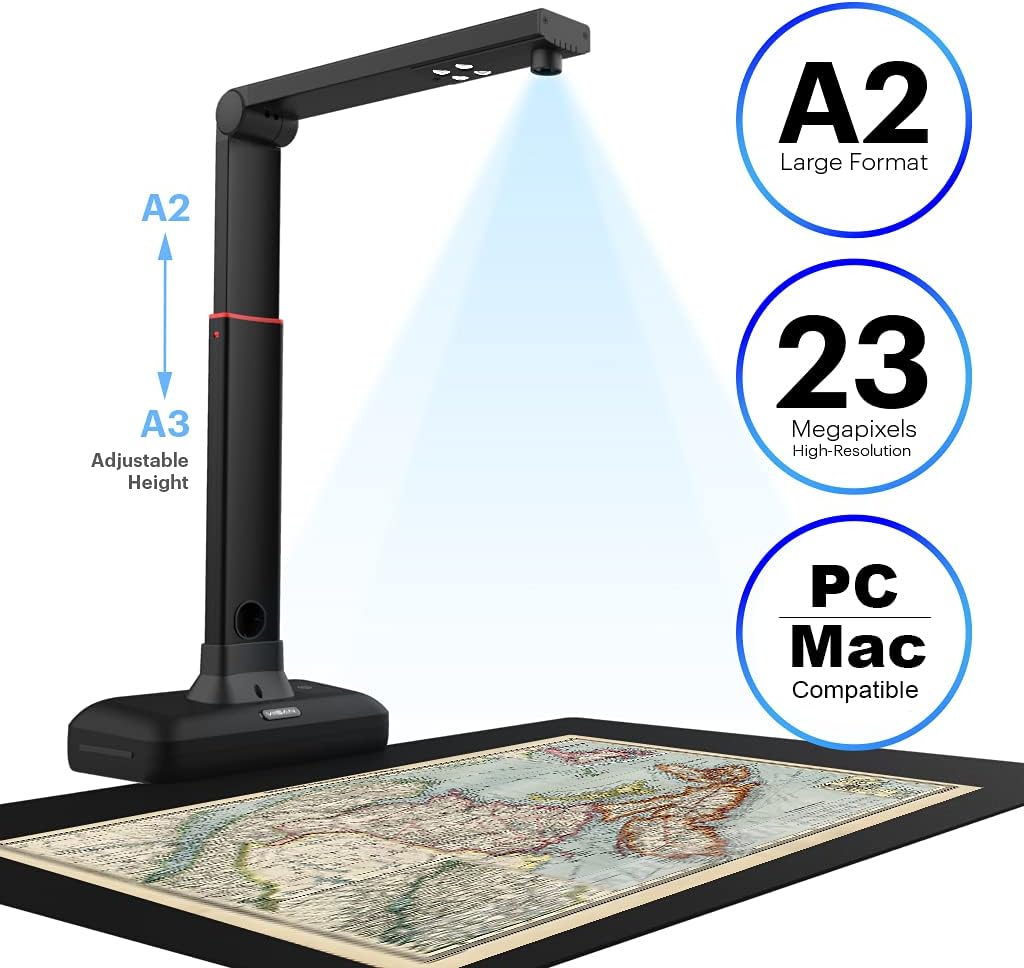 VIISAN A2 Large Format Overhead Book & Document Scanner, 23MP High Resolution, Auto-Flatten & Fingerprint Removal Technologies