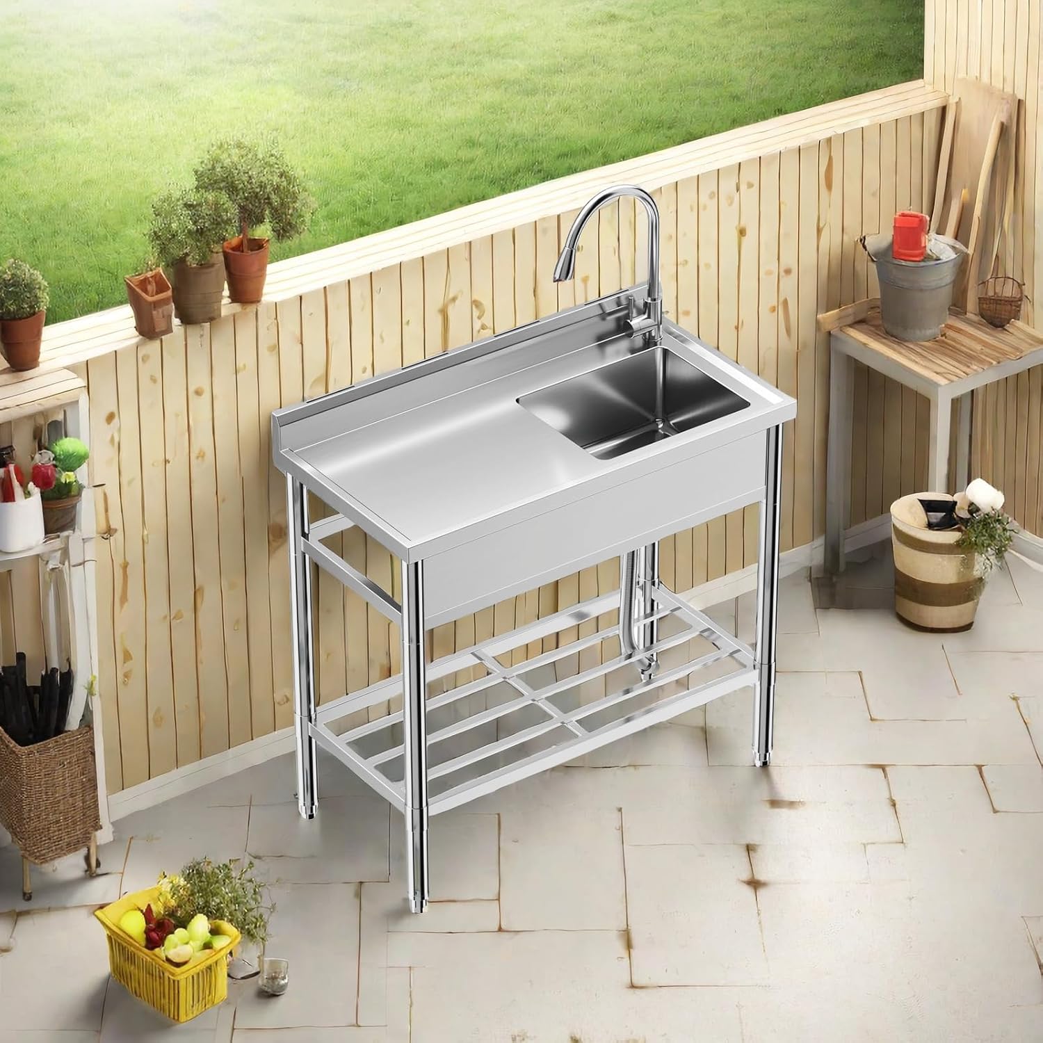 GAOMON Stainless Steel Utility Sink, Free Standing Commercial Kitchen Sink Set w/Workbench Storage Shelf & Hot/Cold Faucet