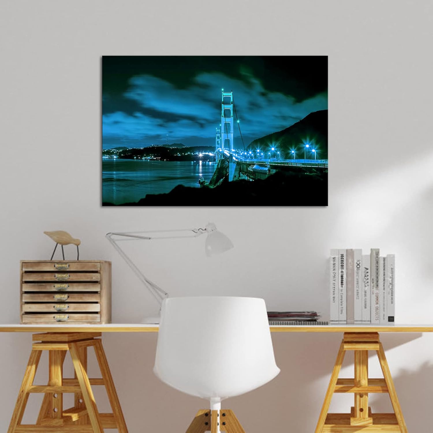 Artsbay Modern Canvas Wall Art Blue Golden Gate Bridge at Night San Francisco Picture California Cityscape Painting Print on Canvas for Bathroom