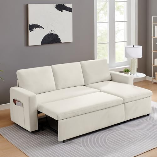 55" 3-in-1 Convertible Sleeper Sofa Bed with Adjustable Backrest - Soft Chenille Futon Couch for Living Room, Office & Apartment, Beige