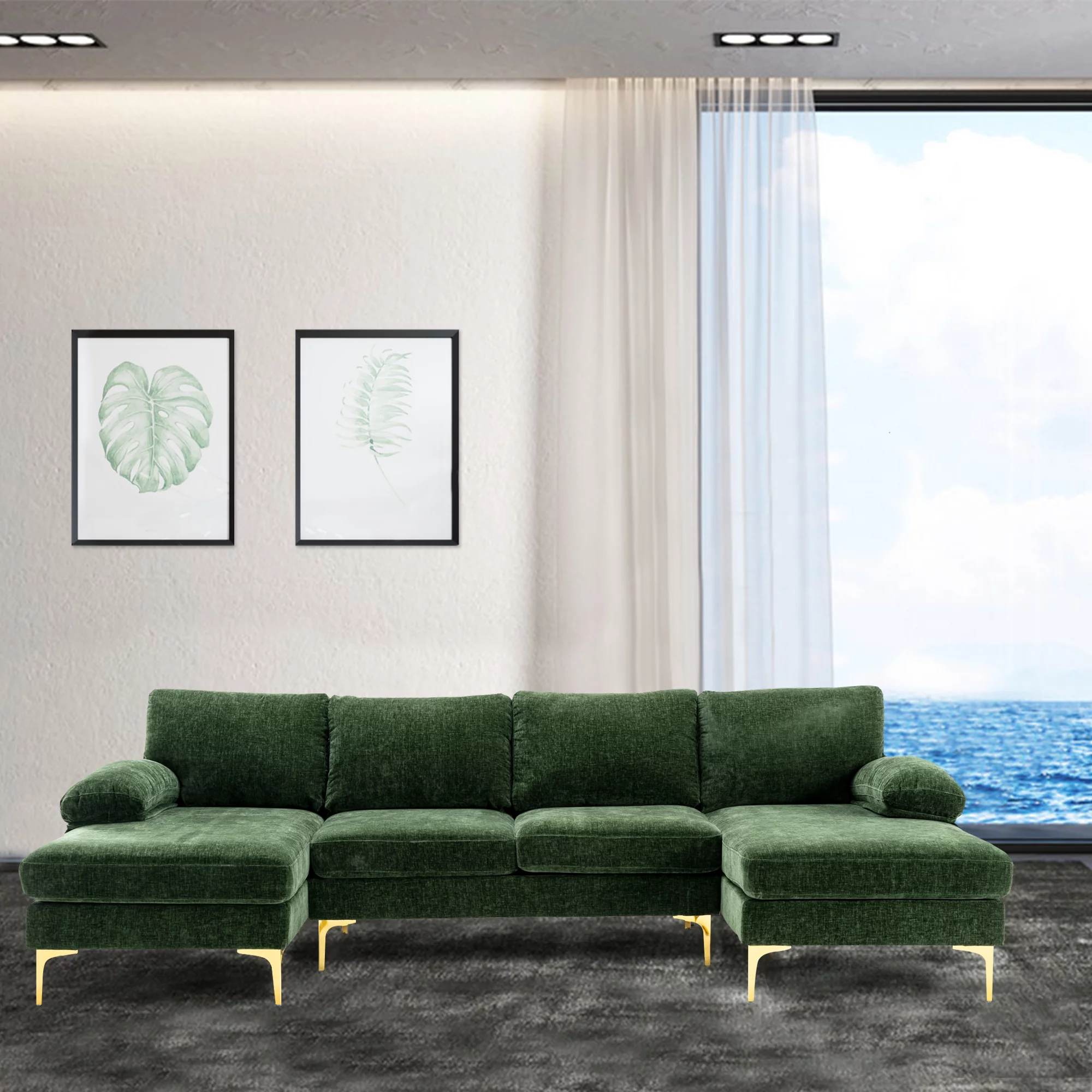 Luccalily Sectional Sofa U-Shaped Sectional Couch , Accent Sofa Recliner,with Golden Metal Legs,Mid-Century Modern Velvet loveseat Sofa