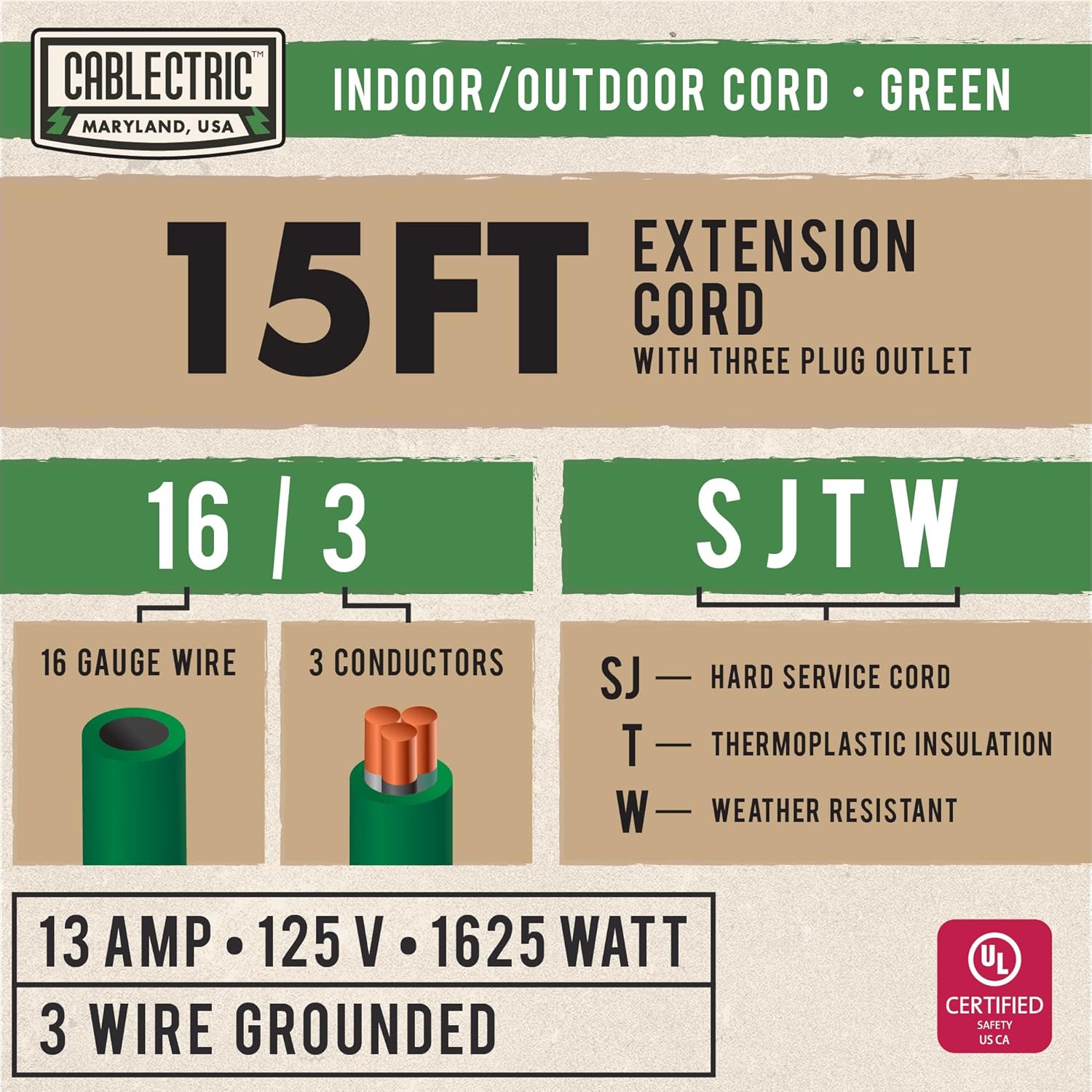 Cablectric 50 Ft Outdoor Extension Cord with 3 Power Outlets