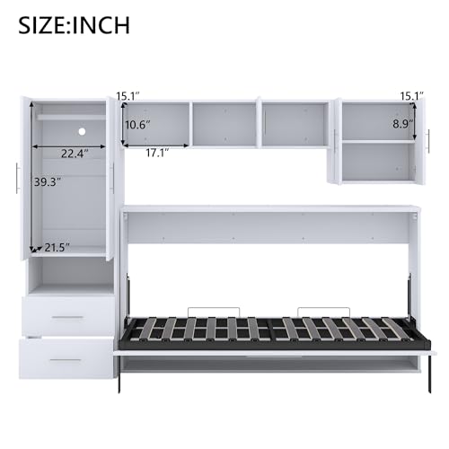 Queen Size Farmhouse Murphy Bed Cabinet with Charging Station, Foldable Platform Bed Frame with 2 Storage Drawers