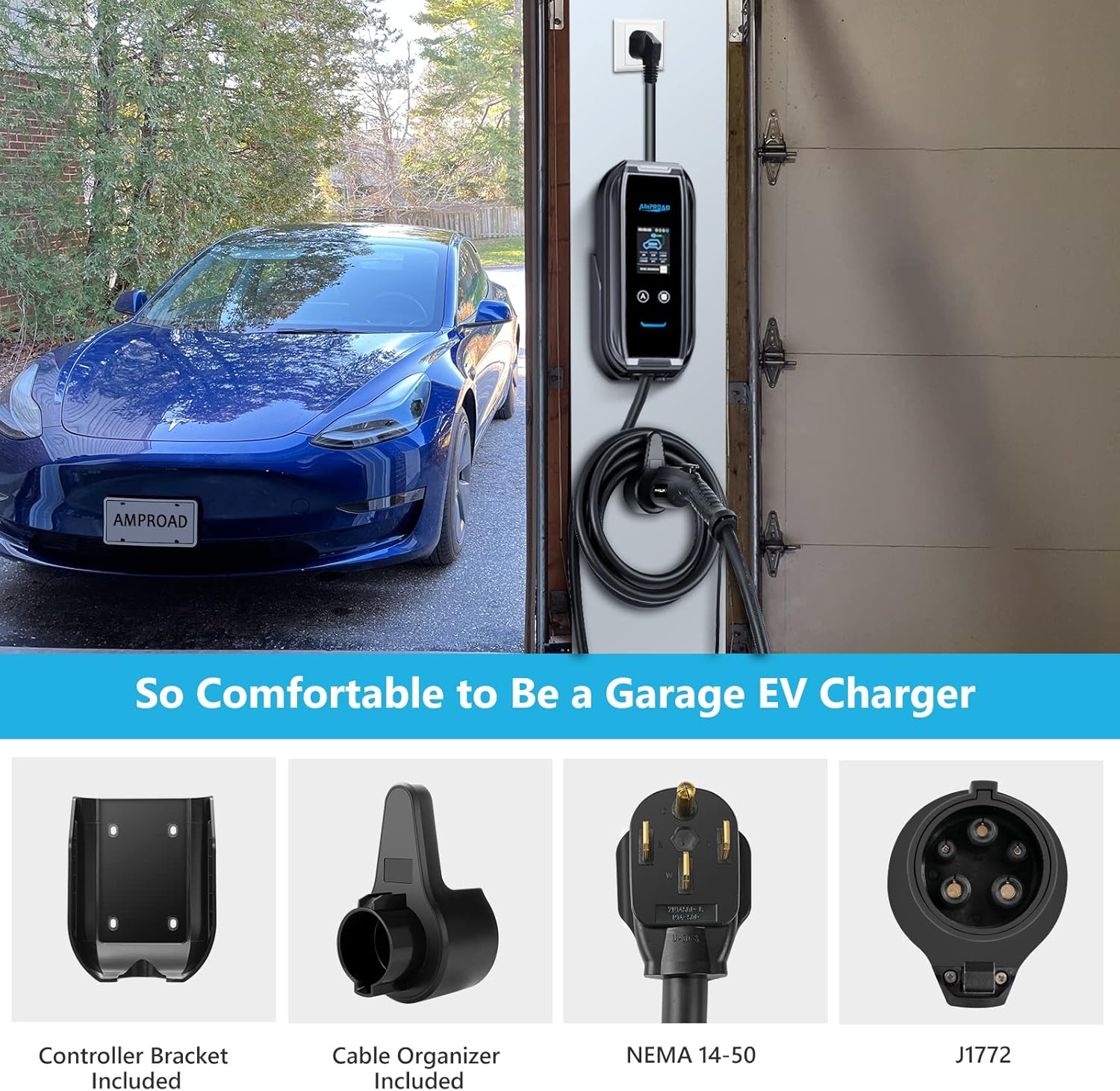 AMPROAD iFlow P9 EV Charger Level 2, 40/32/24 Amp Adjustable, 240V EVSE with WiFi, Versatile for Portable & Wall Charger (NEMA 14-50, 25 Foot Cable)