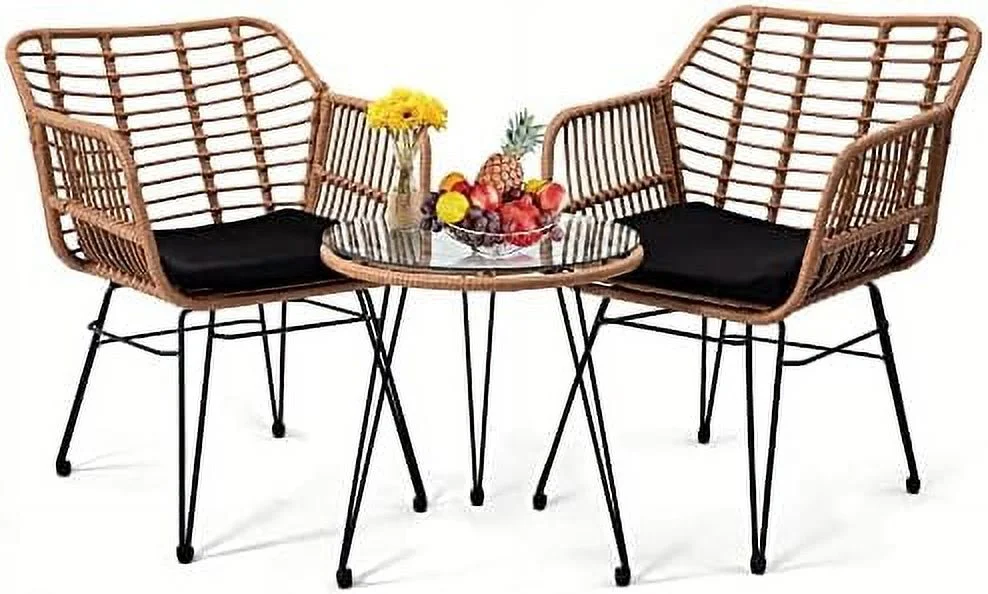 KHBIULIFE 3 Pieces Wicker Patio Bistro  Set  Includes 2 Chairs and Glass Top Table  Ideal for Porch  Outdoor  Backyard  Apartment  Balcony Black Color