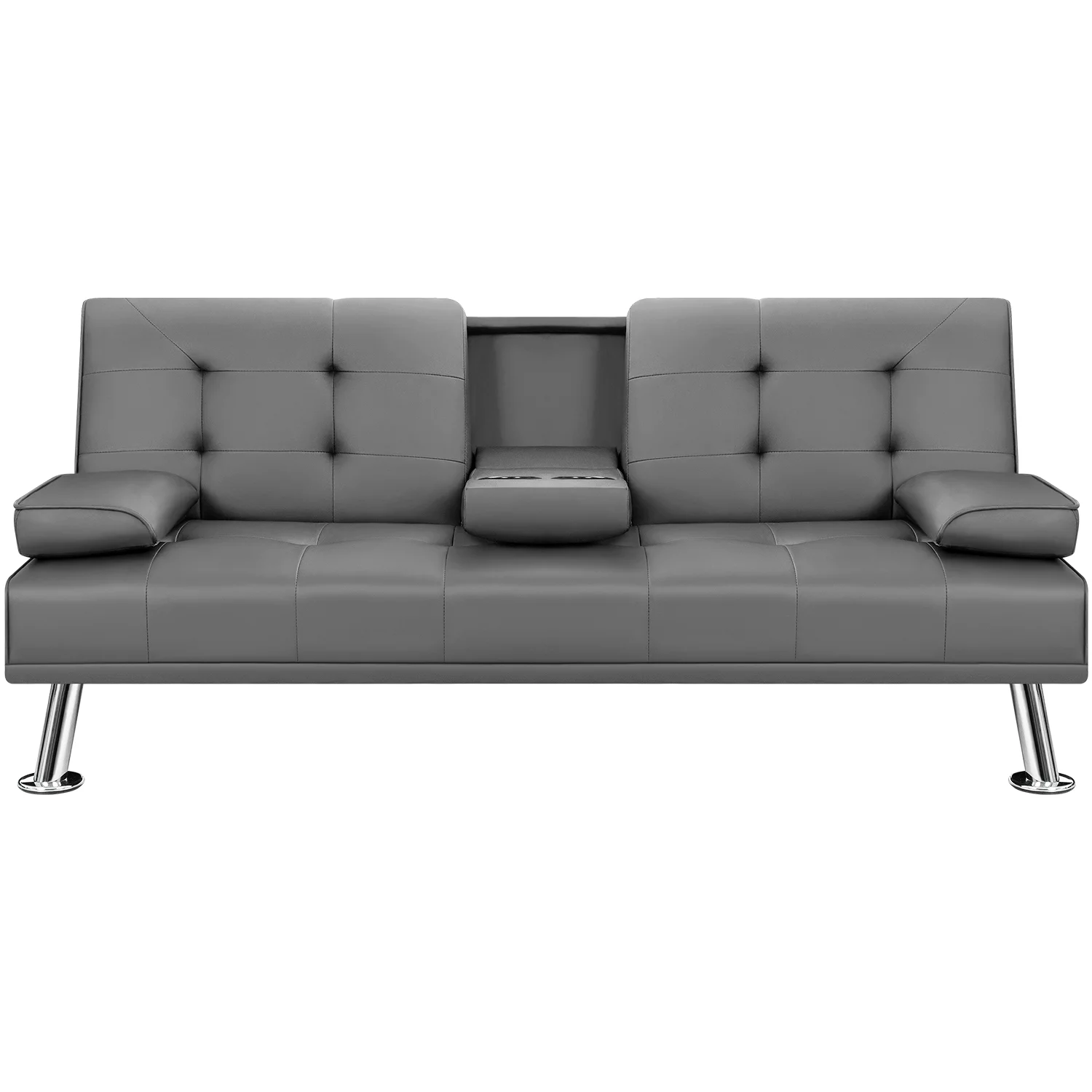 Vineego Modern Faux Leather Couch Convertible Folding Futon Sofa Bed with 2 Cup Holders, Gray