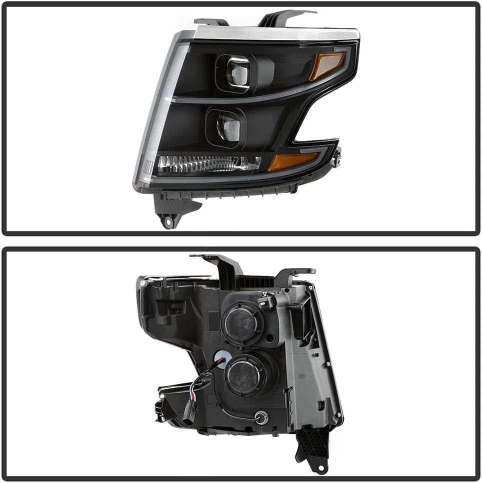 ACANII - For [Halogen Model] Black Housing Smoked Lens 2015-2017 Chevy Tahoe Suburban LED Tube Dual Projector Headlights