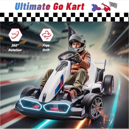 Electric Go Kart with Adjustable Seat, 24V Licensed BMW Drift Kart with Dual 200W Motors, Crazy Go Cart for Kids Ages 6-12, LED Lights