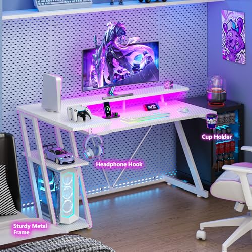 55 Inch Gaming Desk with Power Outlet & LED Lights, L Shaped Gamer Computer Table with Storage Shelves for Bedroom, Corner Home Office Desk